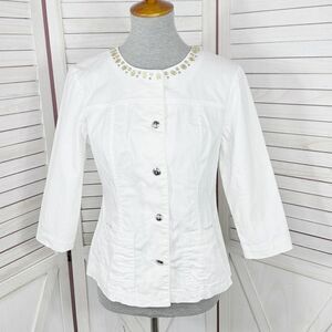 Lark Lane Petite Bead Embellished Neck Stretch Twill Jacket‎ White Size 6P